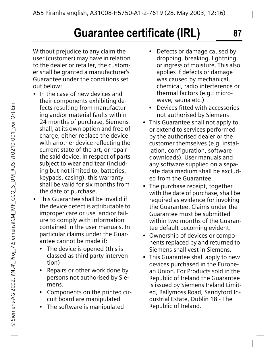 Guarantee certificate (irl) | Siemens A55 User Manual | Page 88 / 97