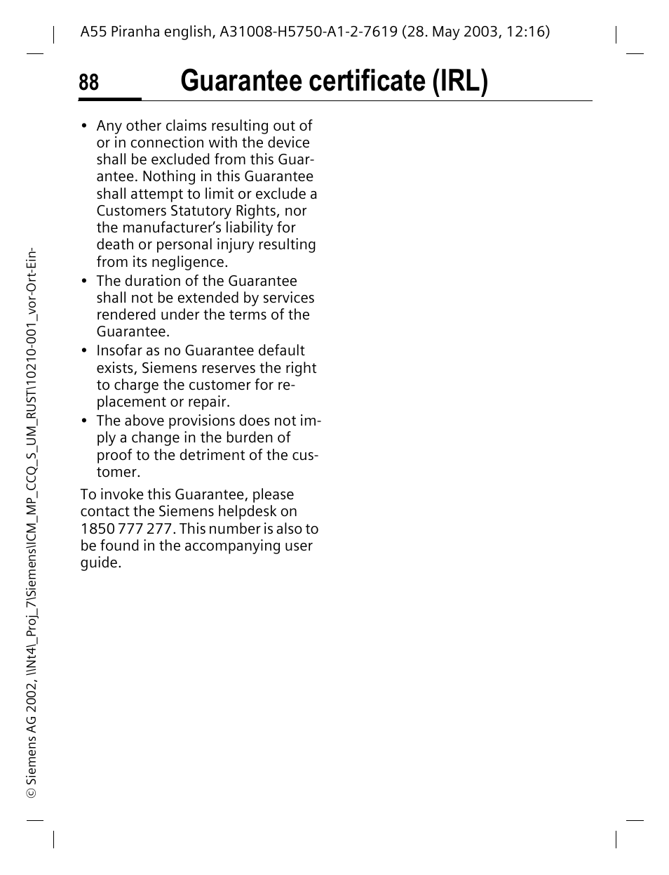 Guarantee certificate (irl) | Siemens A55 User Manual | Page 89 / 97