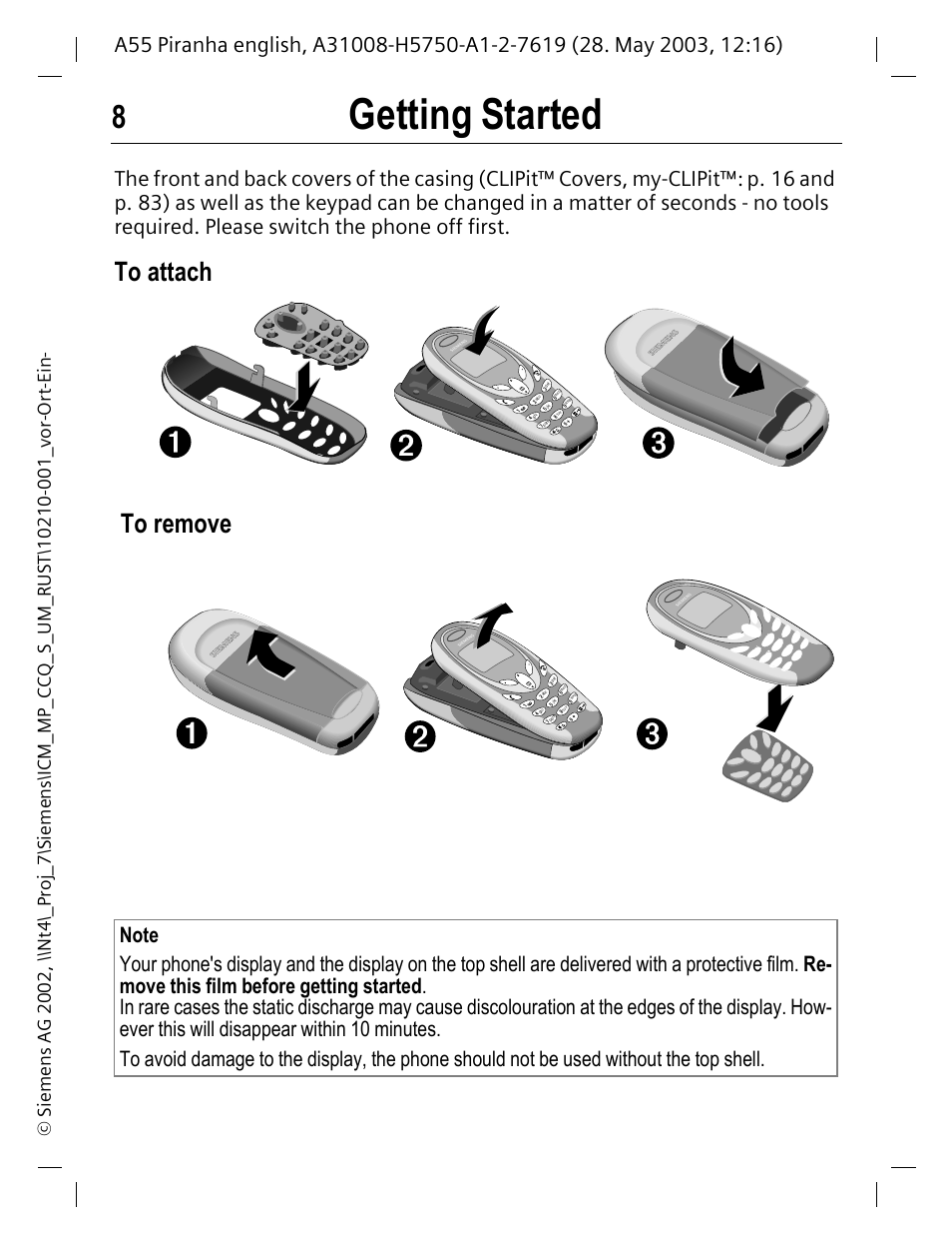 Getting started, To attach, To remove | Siemens A55 User Manual | Page 9 / 97