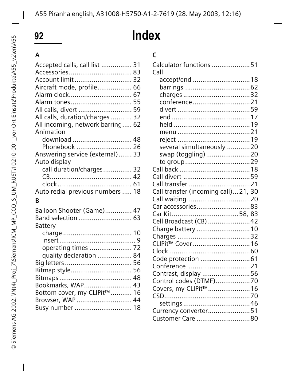 Index | Siemens A55 User Manual | Page 93 / 97