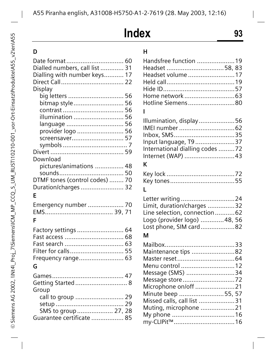 Index | Siemens A55 User Manual | Page 94 / 97