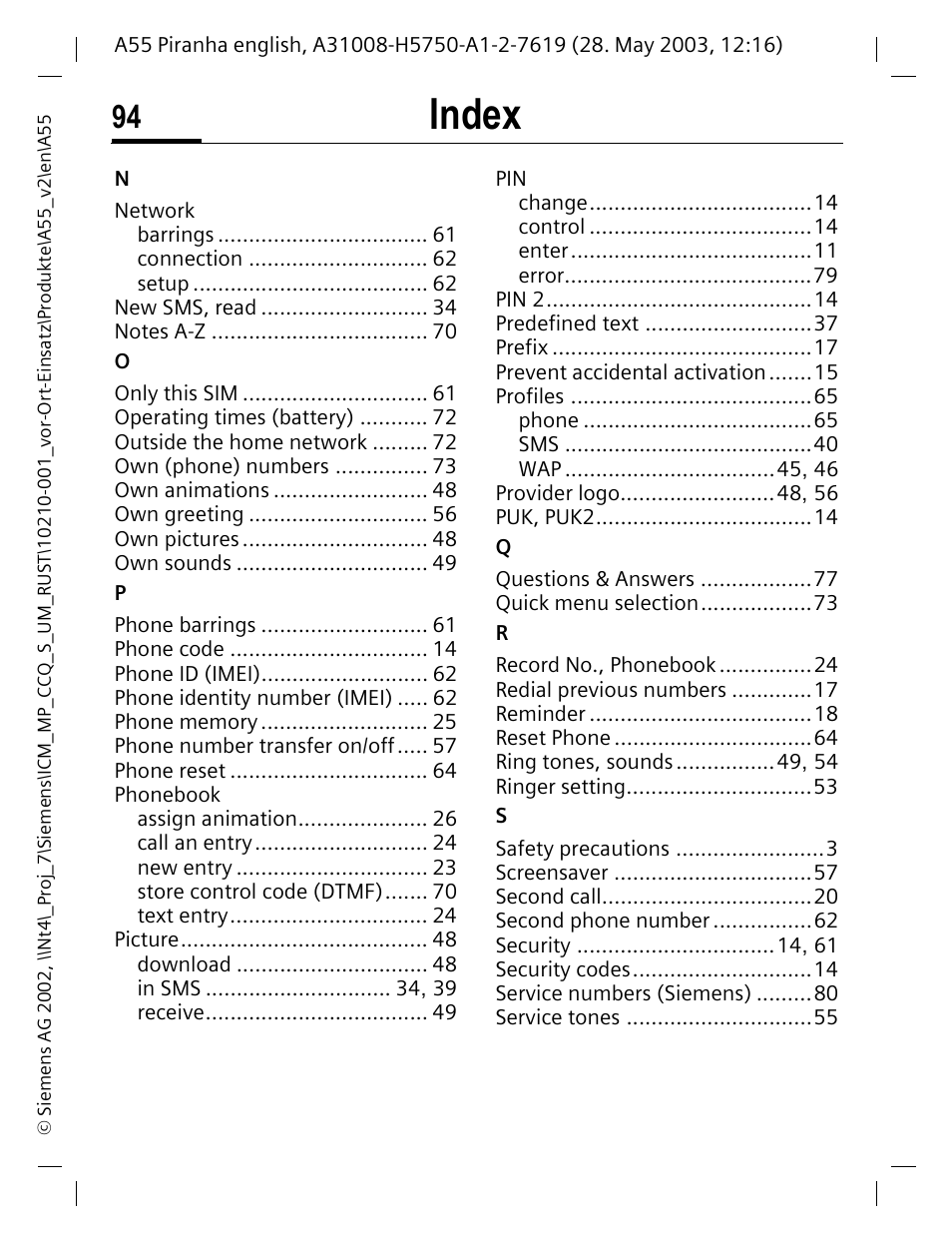 Index | Siemens A55 User Manual | Page 95 / 97