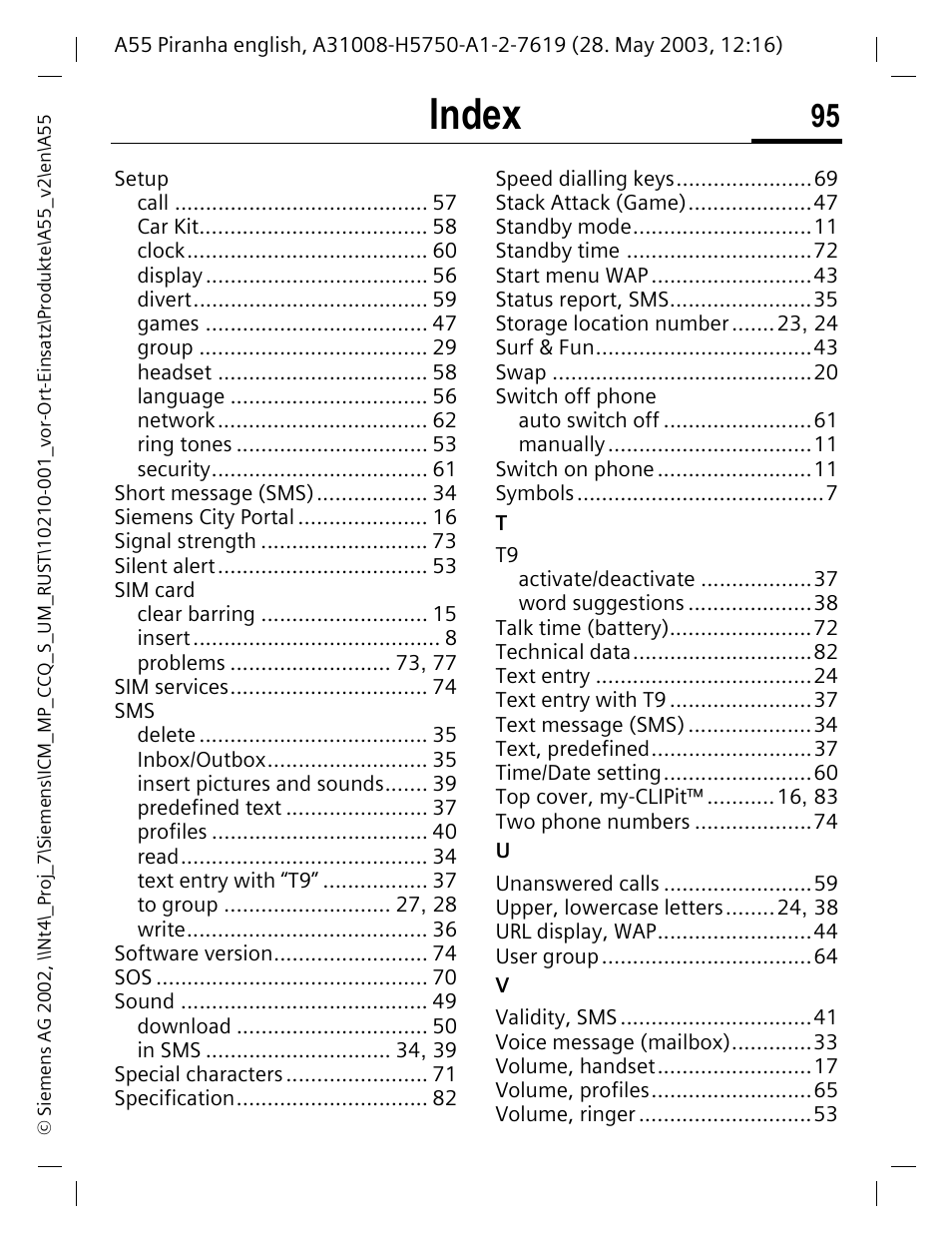 Index | Siemens A55 User Manual | Page 96 / 97