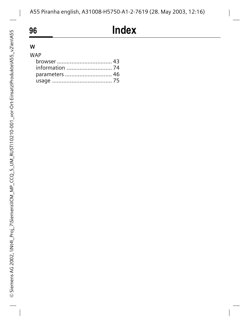 Index | Siemens A55 User Manual | Page 97 / 97