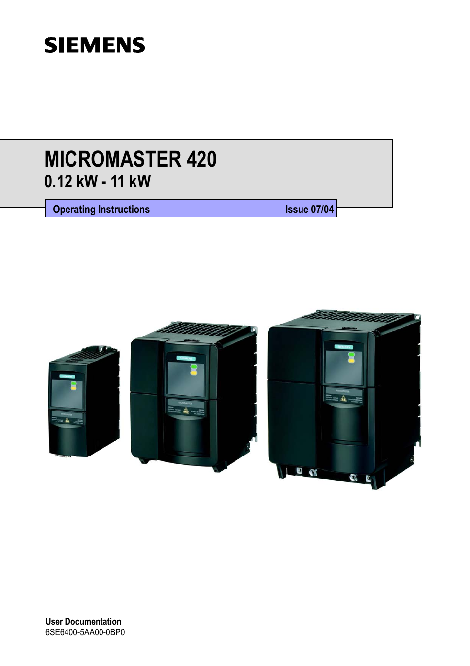 Siemens MICROMASTER 420 User Manual | 190 pages