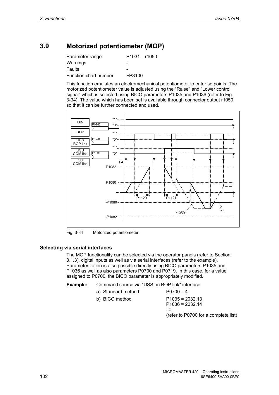 9 motorized potentiometer (mop) | Siemens MICROMASTER 420 User Manual | Page 102 / 190