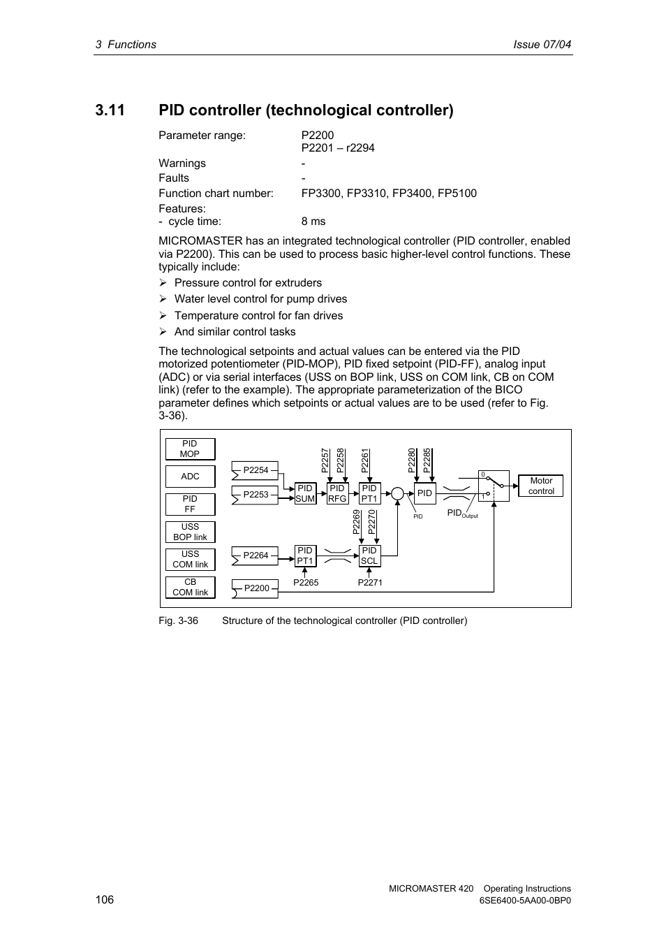 11 pid controller (technological controller) | Siemens MICROMASTER 420 User Manual | Page 106 / 190