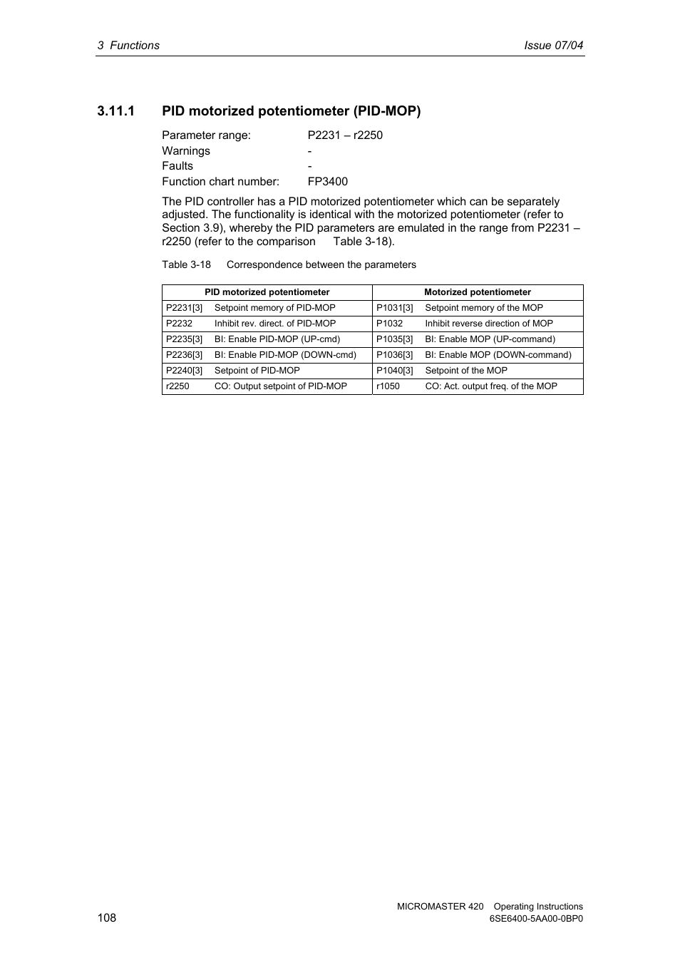 1 pid motorized potentiometer (pid-mop) | Siemens MICROMASTER 420 User Manual | Page 108 / 190