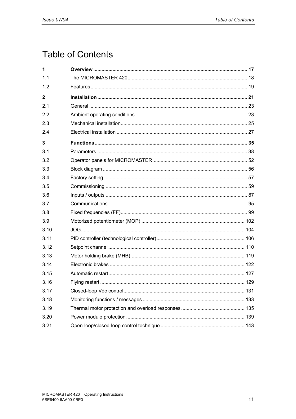 Siemens MICROMASTER 420 User Manual | Page 11 / 190