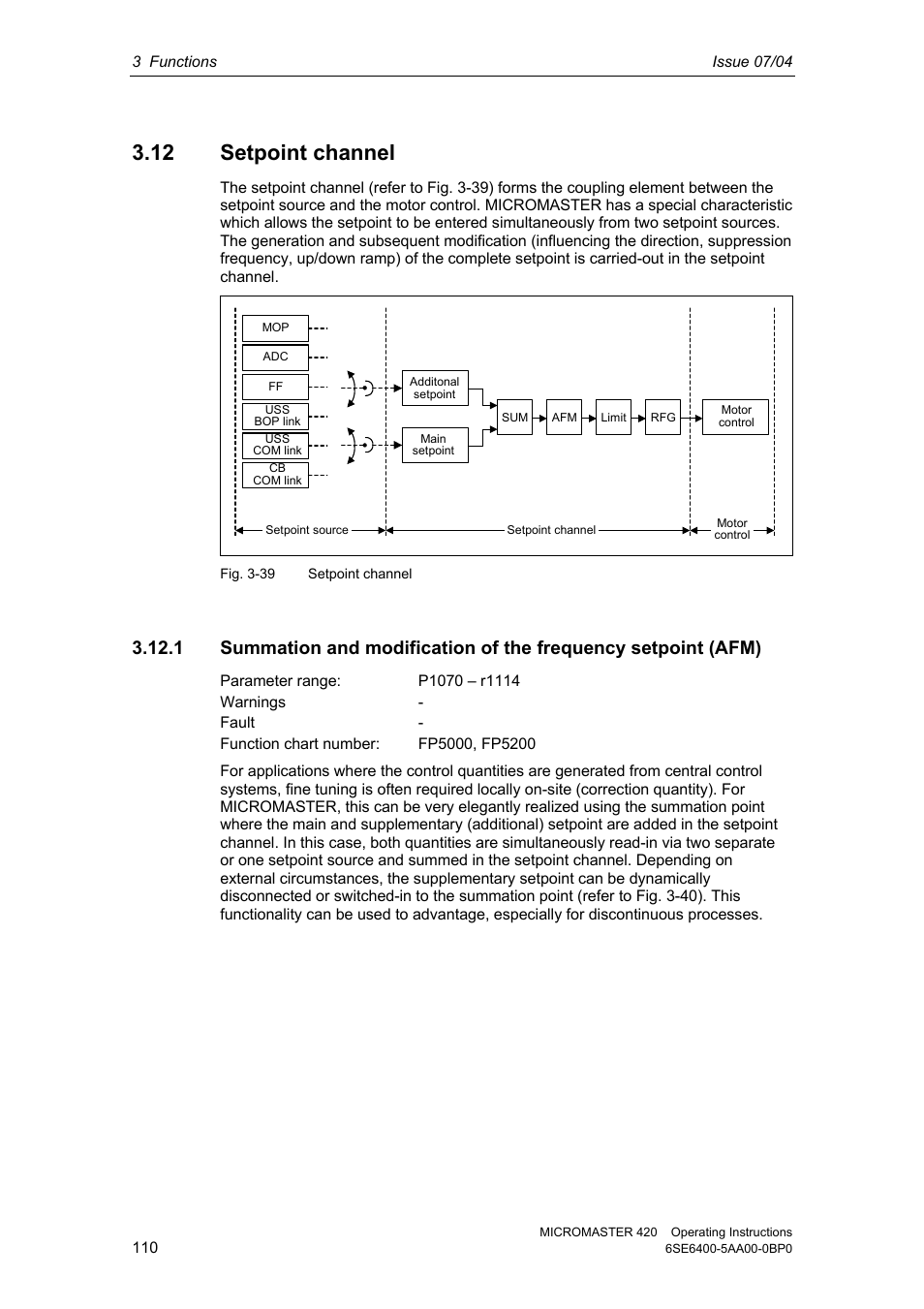 12 setpoint channel | Siemens MICROMASTER 420 User Manual | Page 110 / 190