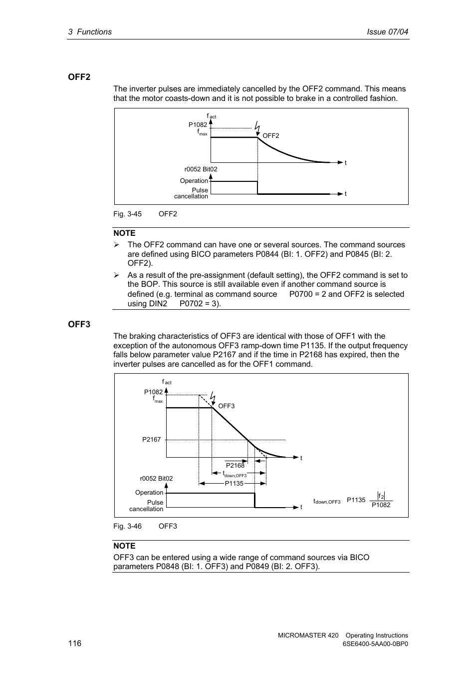 Off2, Off3 | Siemens MICROMASTER 420 User Manual | Page 116 / 190