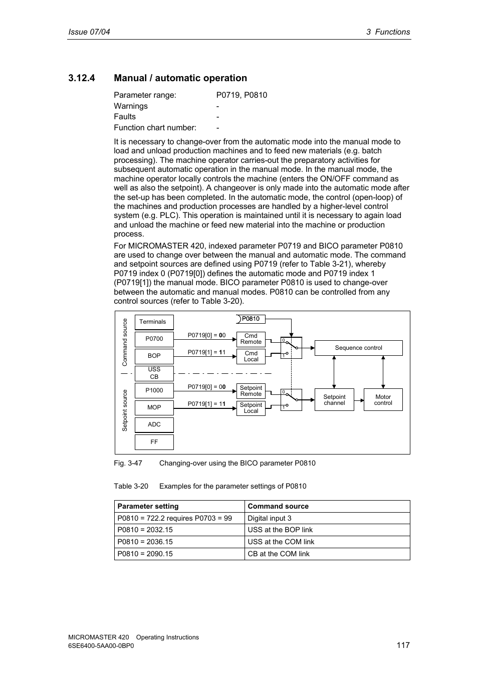 4 manual / automatic operation | Siemens MICROMASTER 420 User Manual | Page 117 / 190