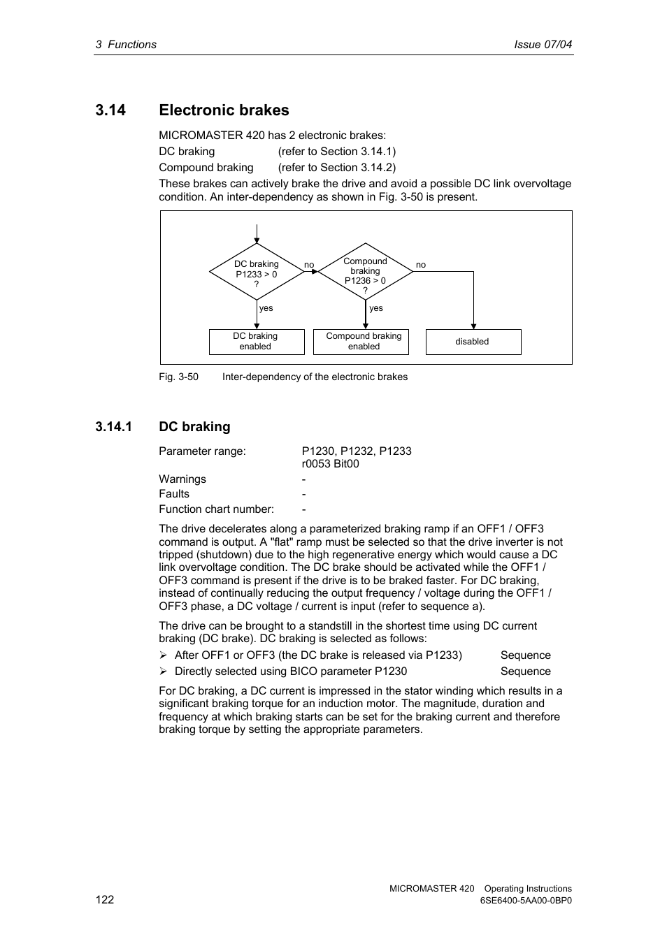 14 electronic brakes, 1 dc braking | Siemens MICROMASTER 420 User Manual | Page 122 / 190