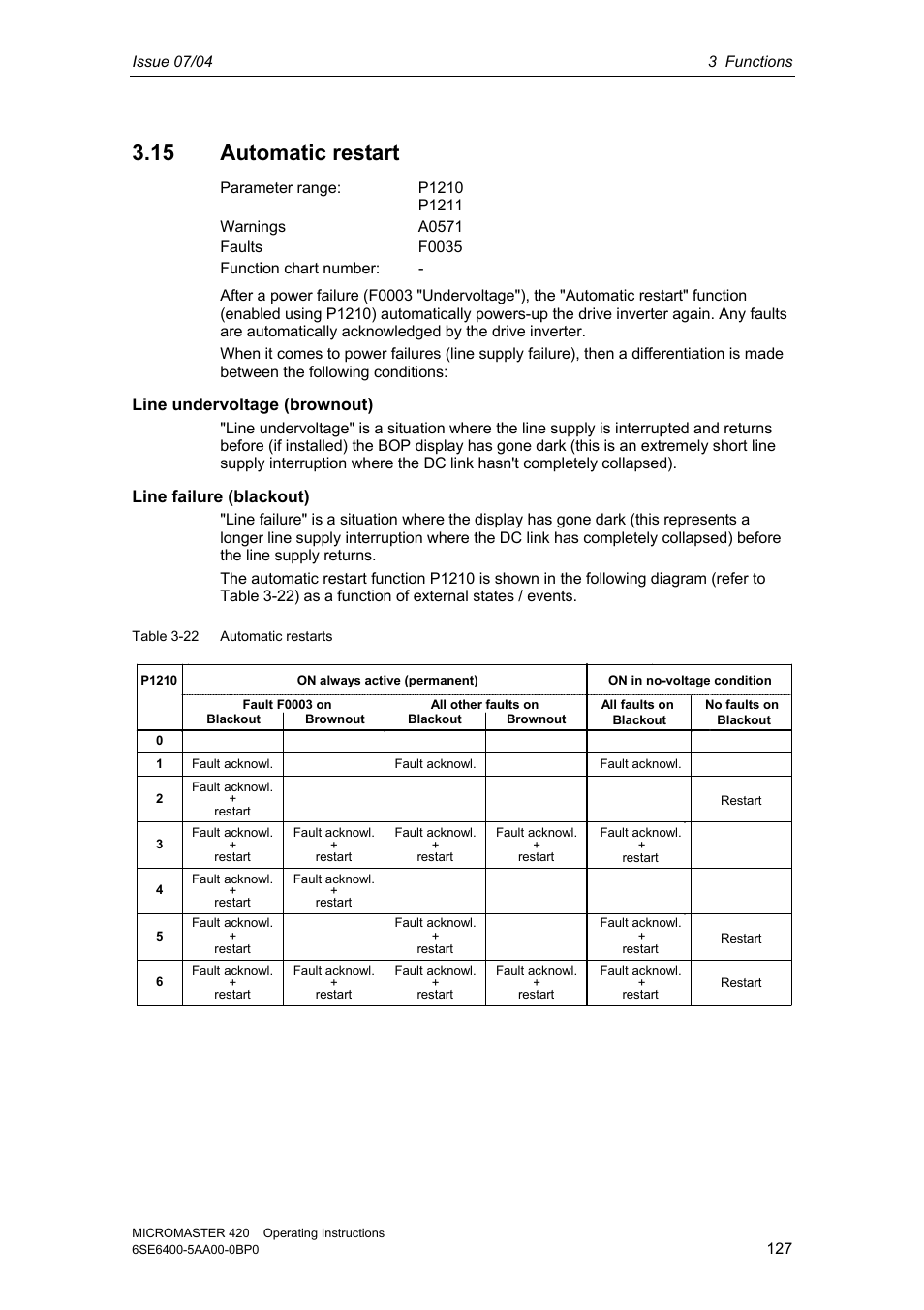 15 automatic restart | Siemens MICROMASTER 420 User Manual | Page 127 / 190