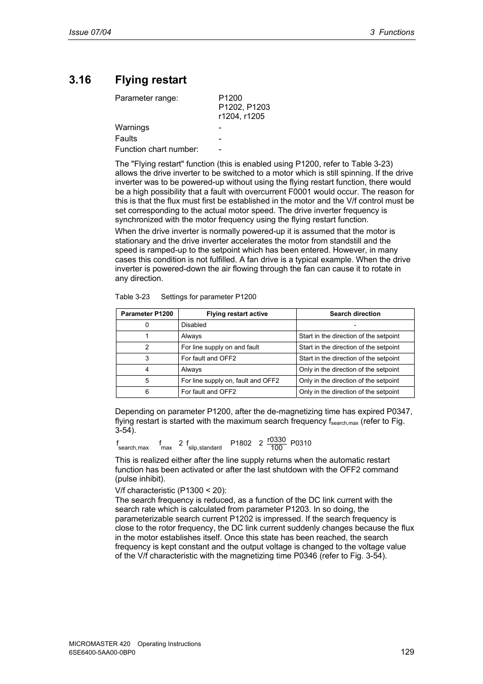 16 flying restart | Siemens MICROMASTER 420 User Manual | Page 129 / 190