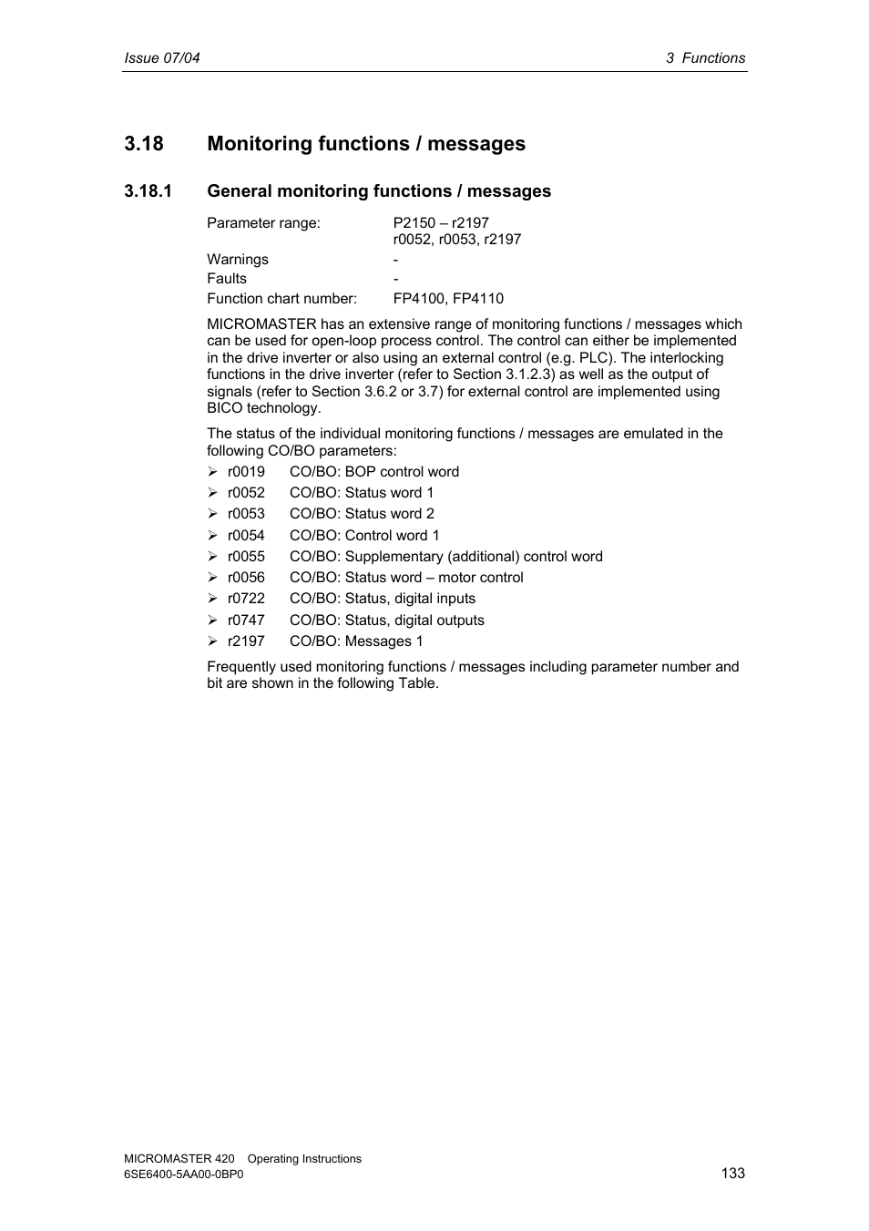 18 monitoring functions / messages, 1 general monitoring functions / messages | Siemens MICROMASTER 420 User Manual | Page 133 / 190