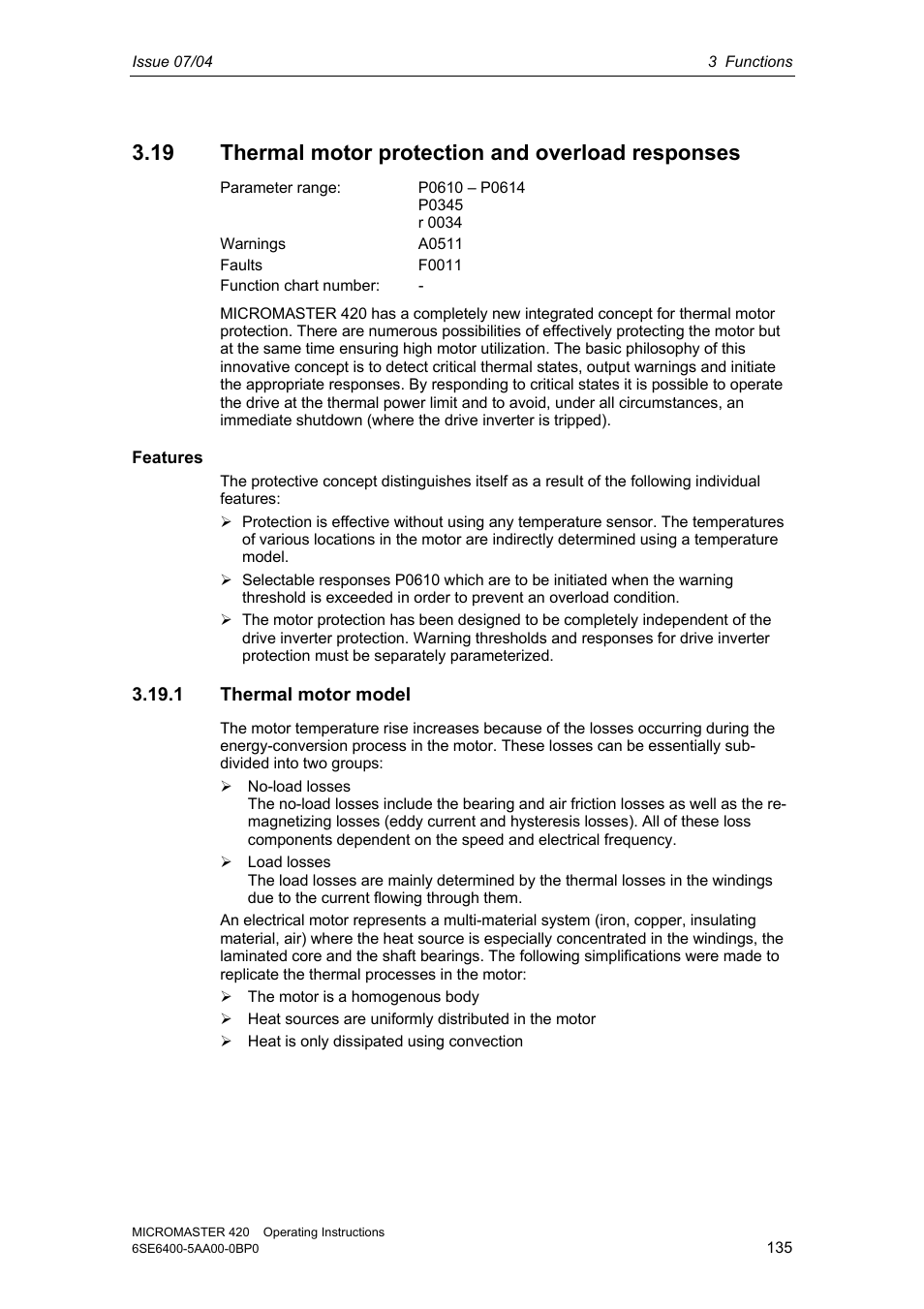 19 thermal motor protection and overload responses, 1 thermal motor model | Siemens MICROMASTER 420 User Manual | Page 135 / 190