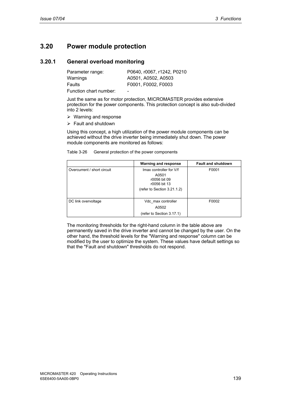 20 power module protection, 1 general overload monitoring | Siemens MICROMASTER 420 User Manual | Page 139 / 190