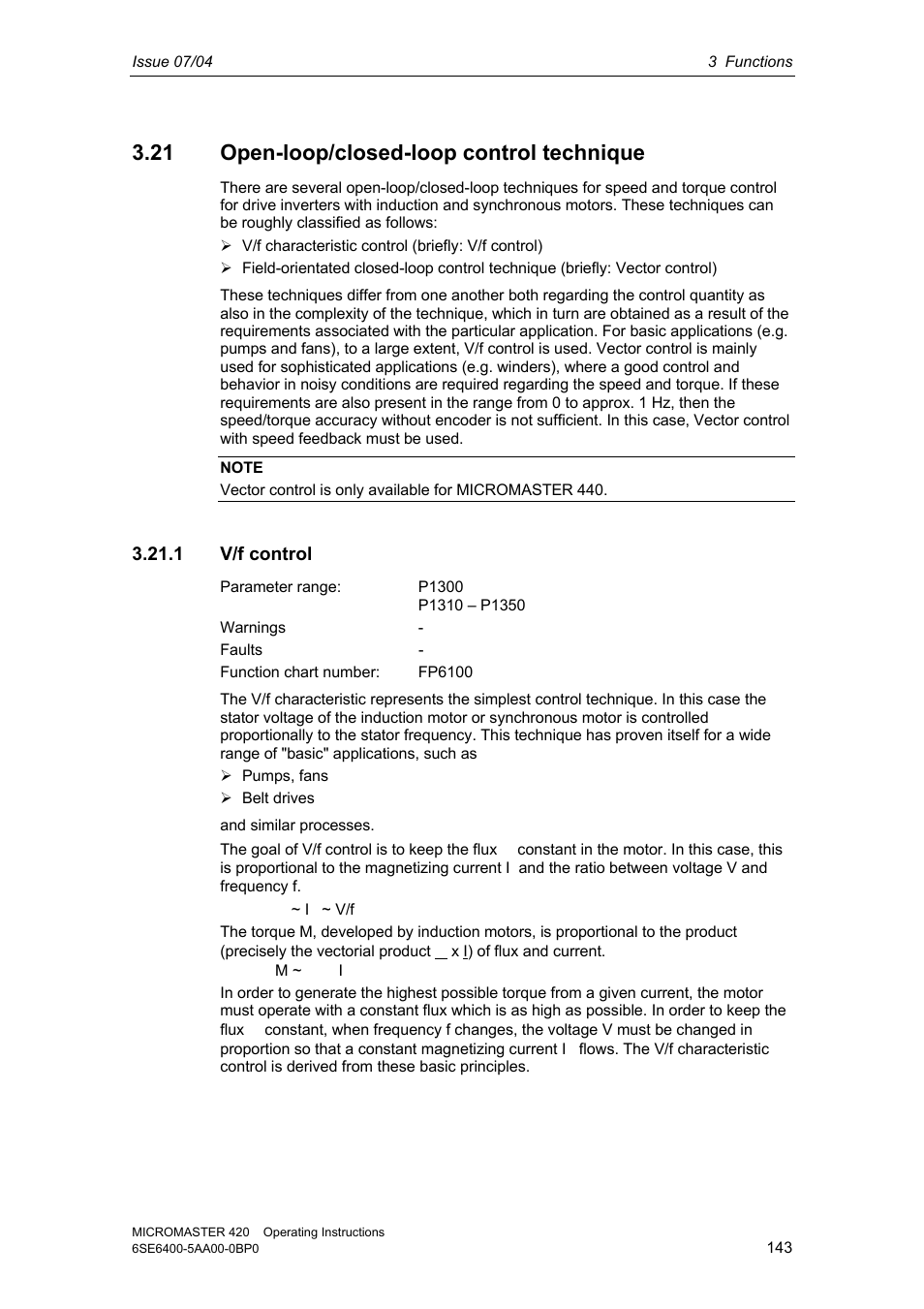 21 open-loop/closed-loop control technique, 1 v/f control | Siemens MICROMASTER 420 User Manual | Page 143 / 190