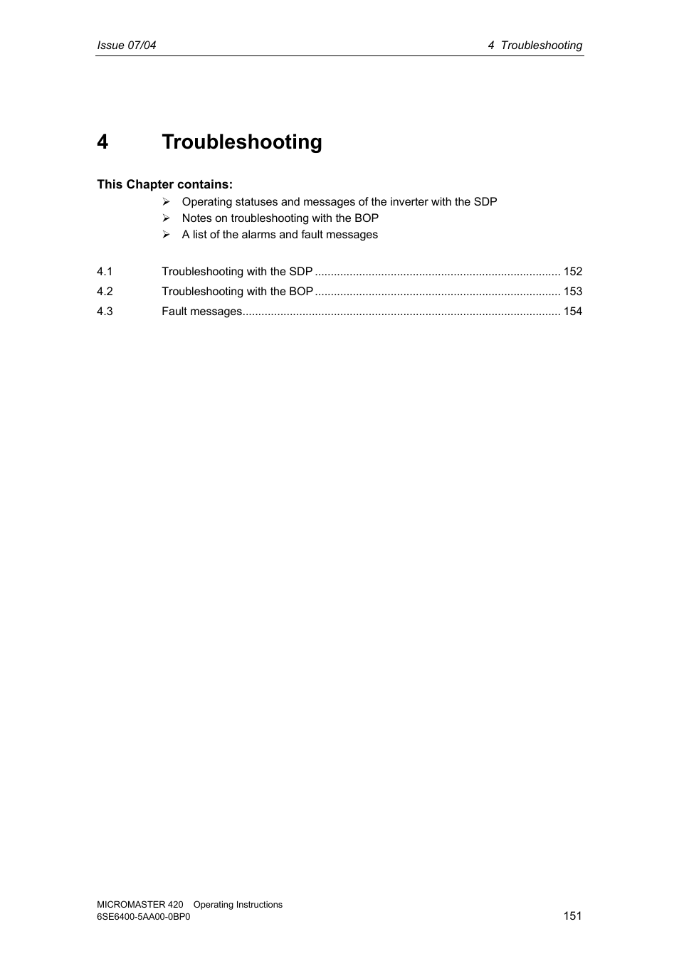 4 troubleshooting | Siemens MICROMASTER 420 User Manual | Page 151 / 190