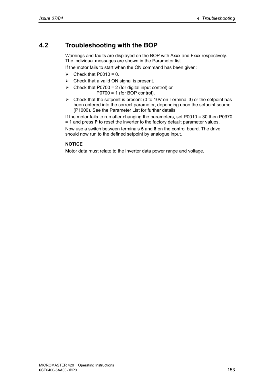 2 troubleshooting with the bop | Siemens MICROMASTER 420 User Manual | Page 153 / 190