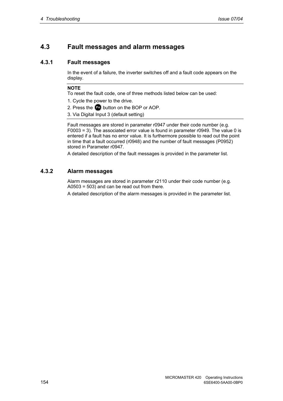 3 fault messages and alarm messages, 1 fault messages, 2 alarm messages | Siemens MICROMASTER 420 User Manual | Page 154 / 190