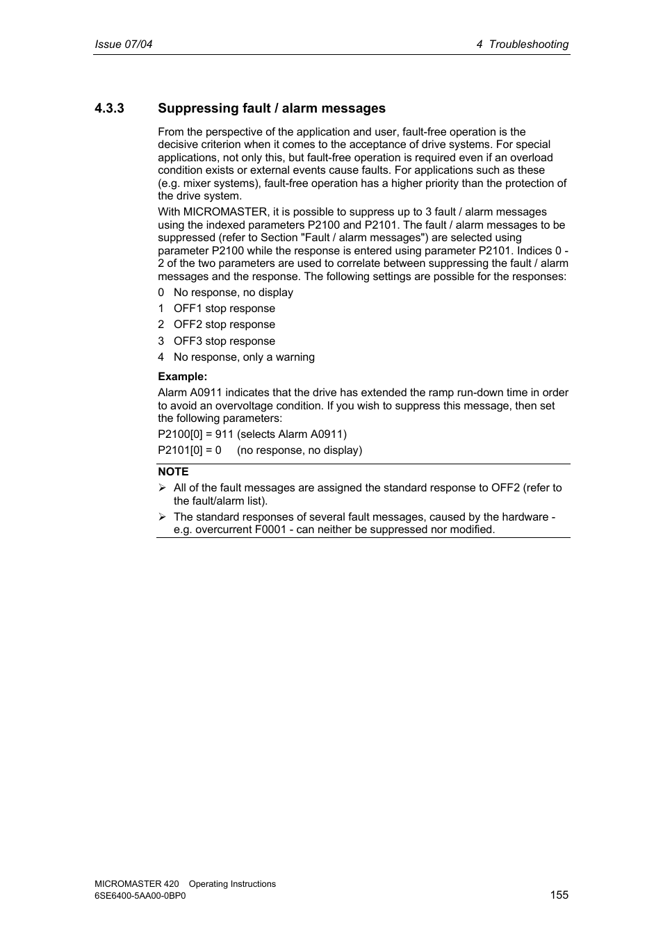 3 suppressing fault / alarm messages | Siemens MICROMASTER 420 User Manual | Page 155 / 190