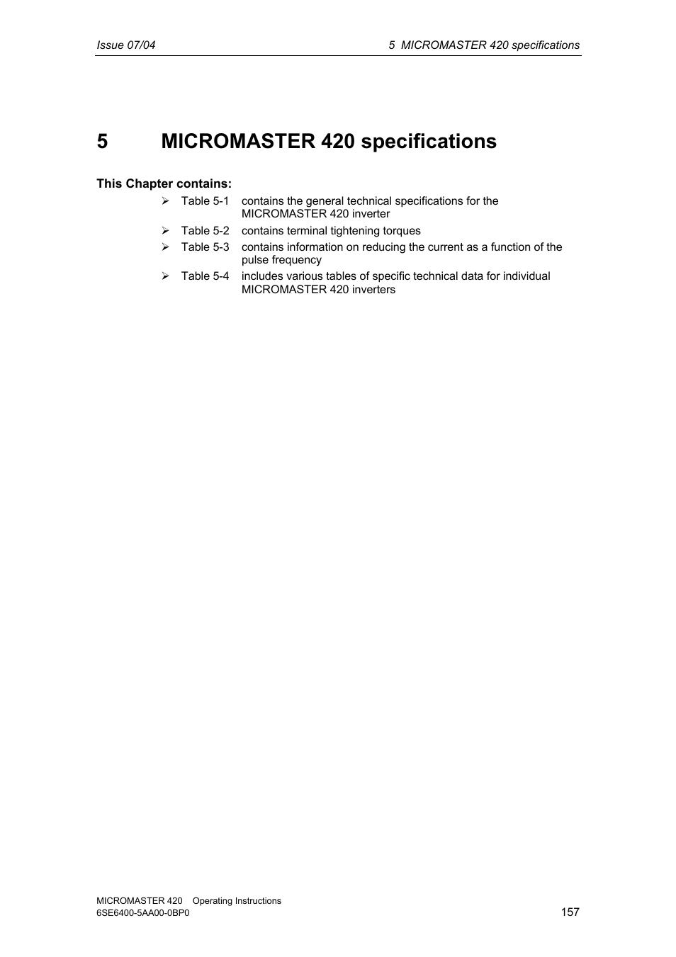 5 micromaster 420 specifications, 5micromaster 420 specifications | Siemens MICROMASTER 420 User Manual | Page 157 / 190