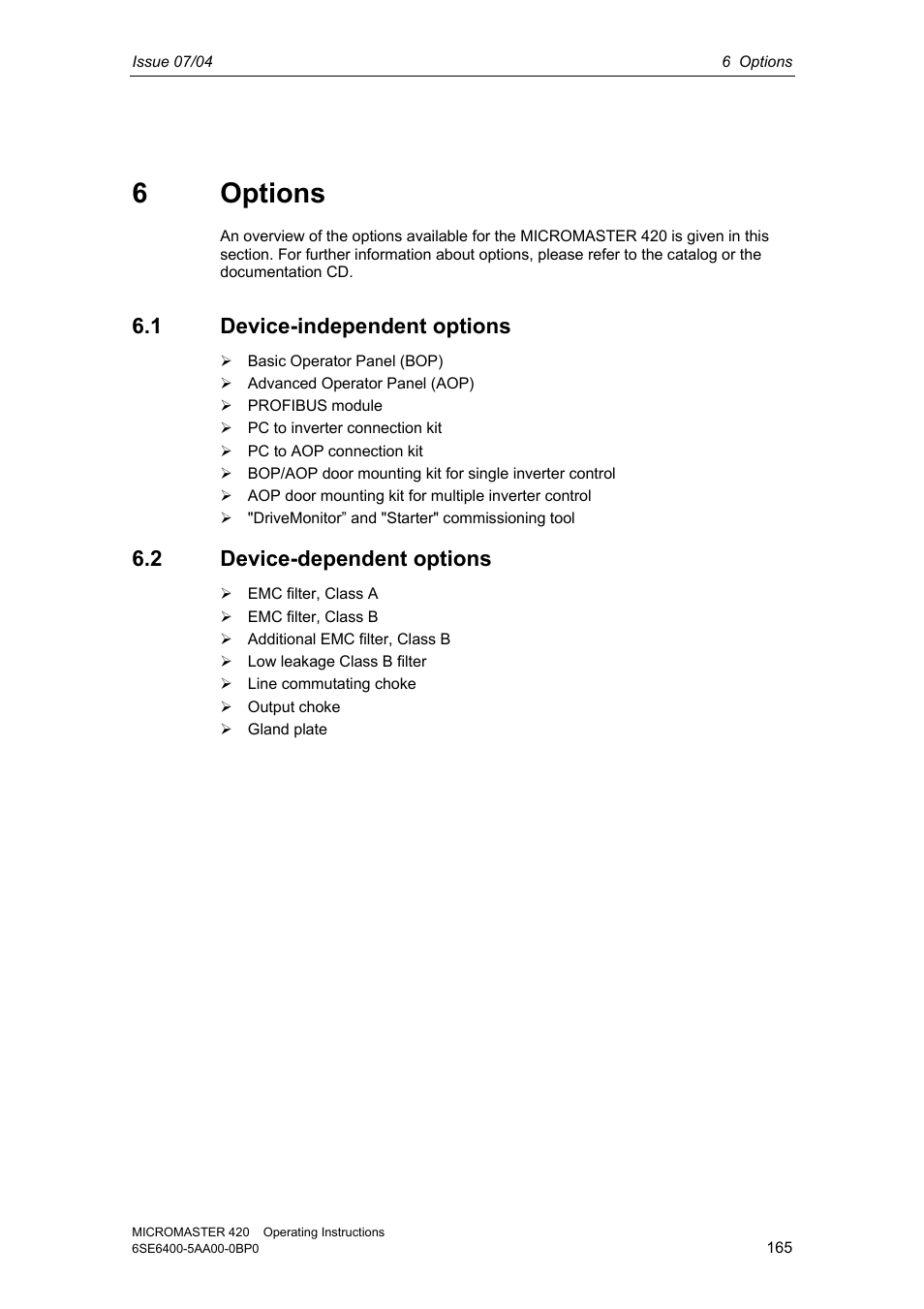 6 options, 1 device-independent options, 2 device-dependent options | Siemens MICROMASTER 420 User Manual | Page 165 / 190