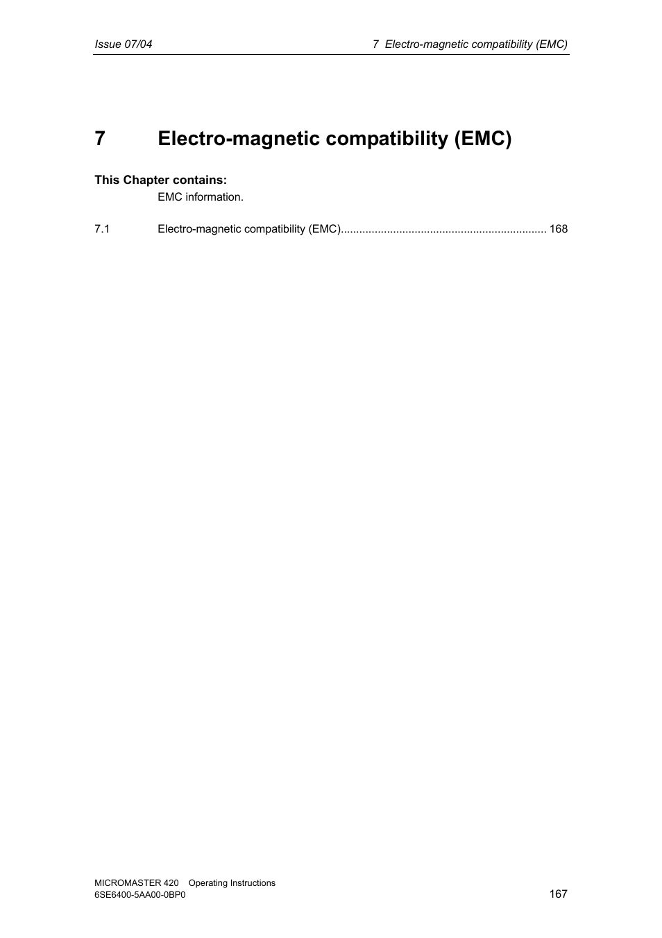 7 electro-magnetic compatibility (emc), 7electro-magnetic compatibility (emc) | Siemens MICROMASTER 420 User Manual | Page 167 / 190