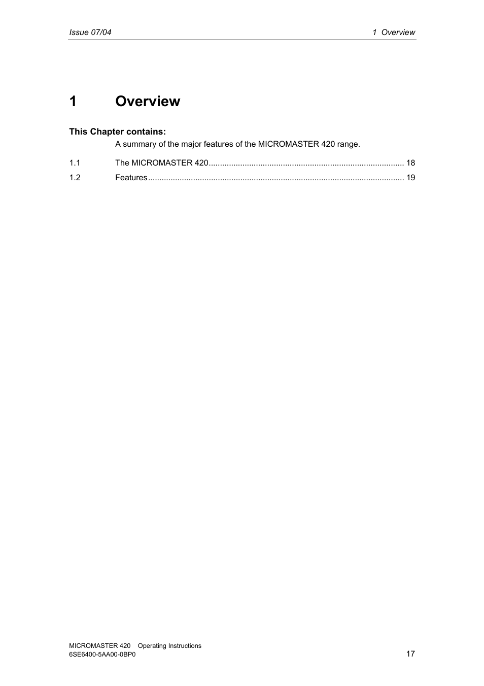 1 overview | Siemens MICROMASTER 420 User Manual | Page 17 / 190