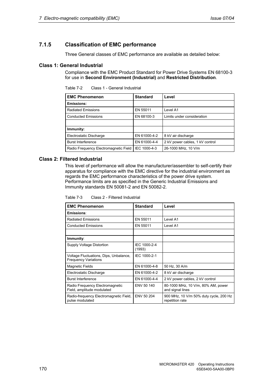 5 classification of emc performance, Class 1: general industrial, Class 2: filtered industrial | Siemens MICROMASTER 420 User Manual | Page 170 / 190