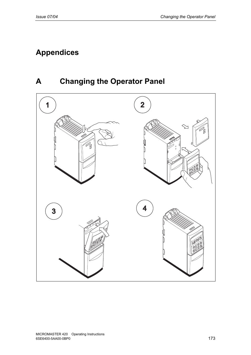 Appendices, A changing the operator panel, Appendices a changing the operator panel | Siemens MICROMASTER 420 User Manual | Page 173 / 190