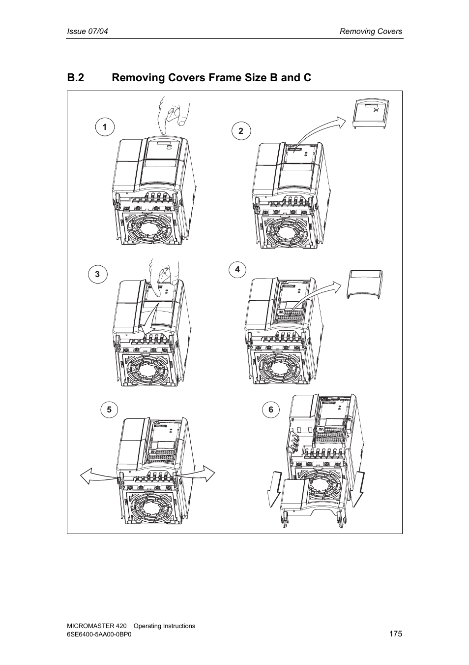 B.2 removing covers frame size b and c | Siemens MICROMASTER 420 User Manual | Page 175 / 190