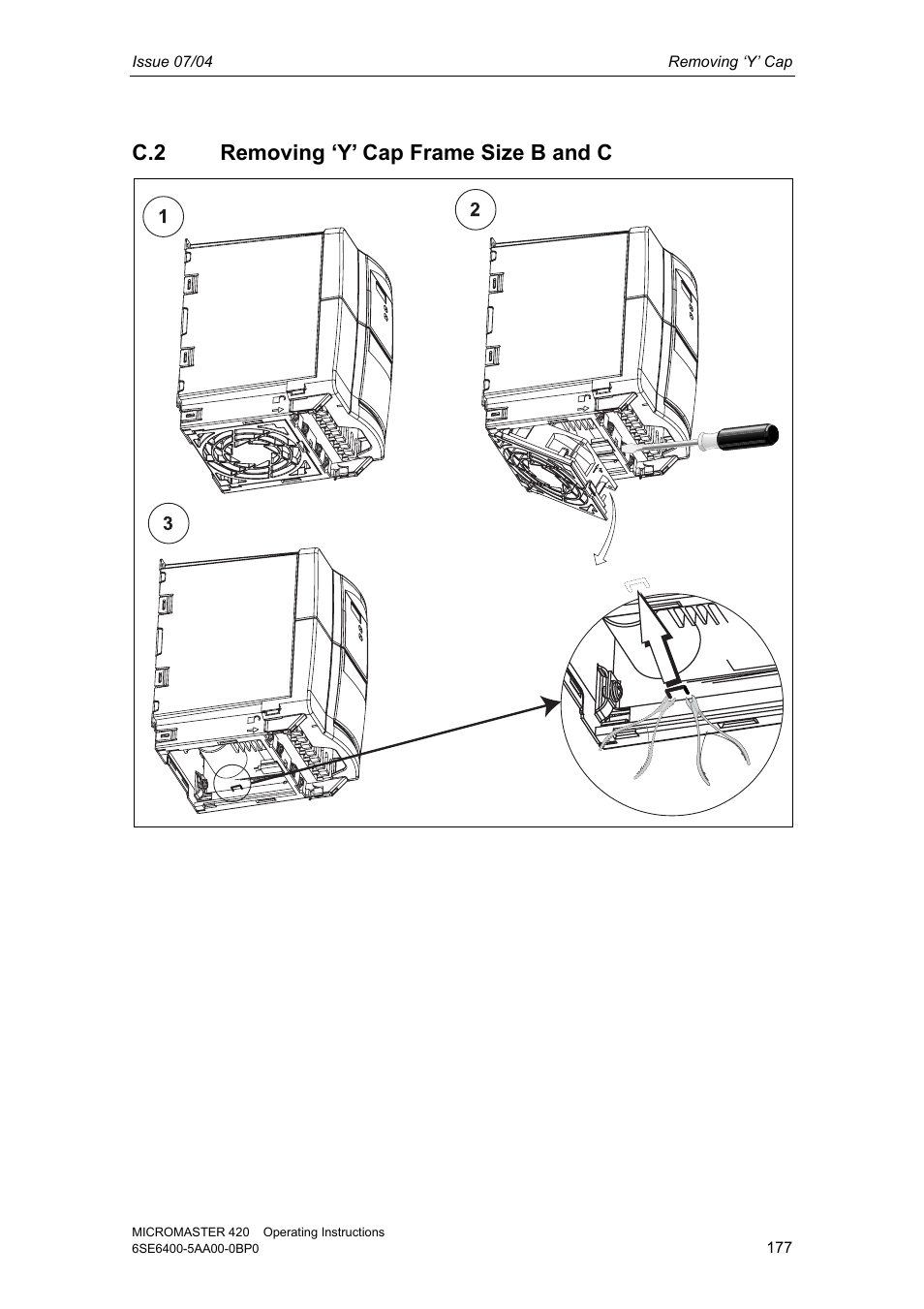 C.2 removing ‘y’ cap frame size b and c | Siemens MICROMASTER 420 User Manual | Page 177 / 190