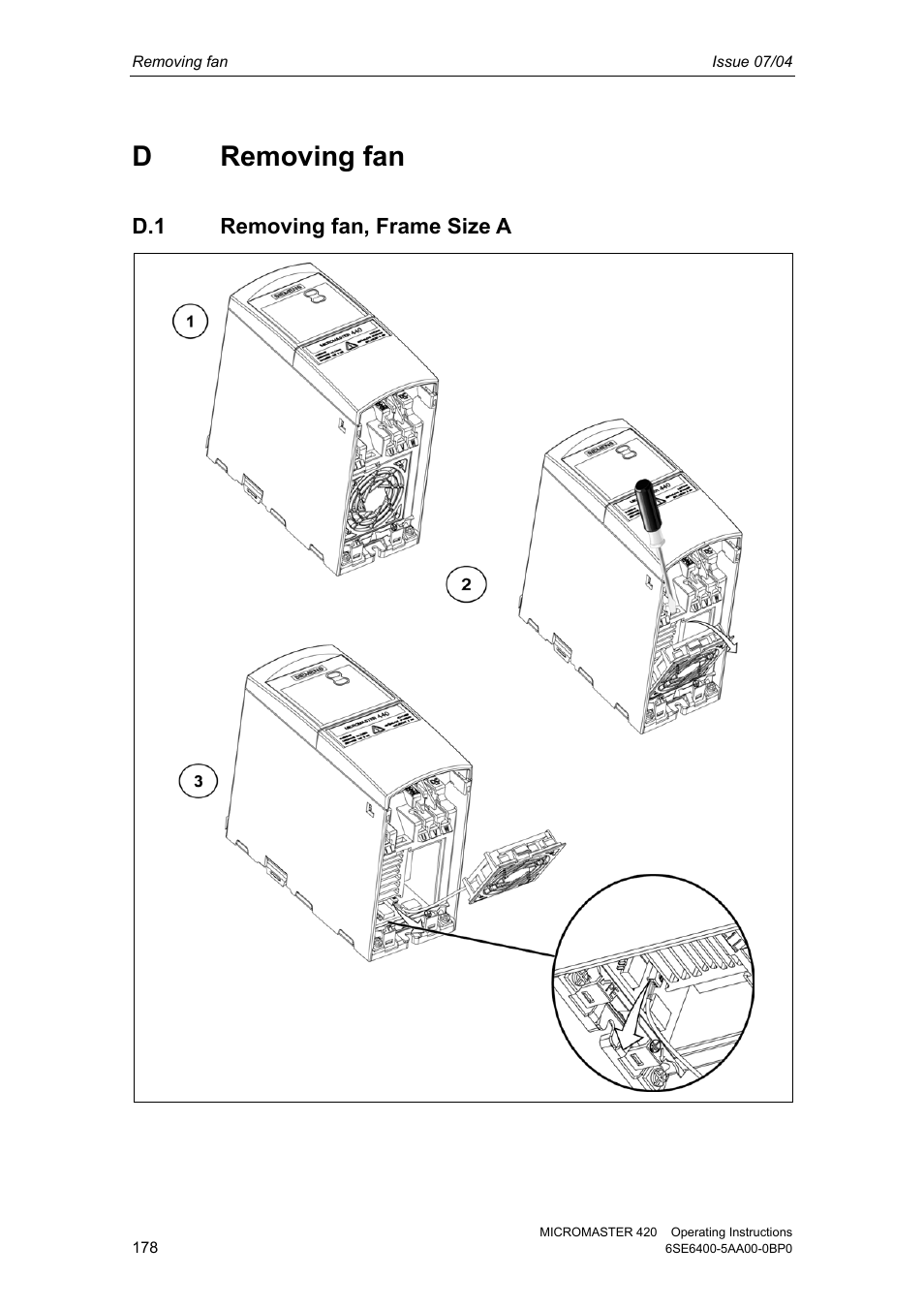 D removing fan, D.1 removing fan, frame size a | Siemens MICROMASTER 420 User Manual | Page 178 / 190