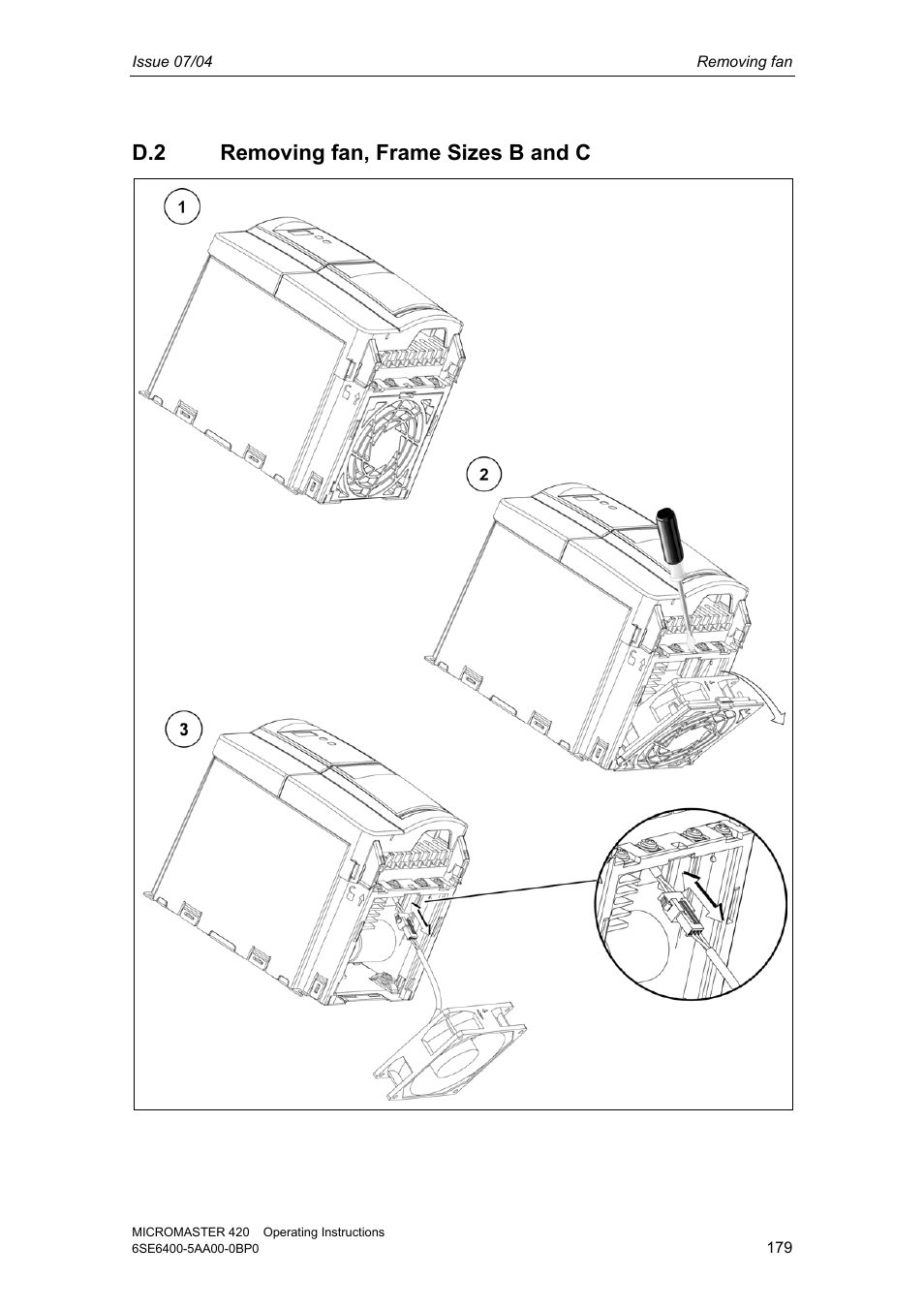 D.2 removing fan, frame sizes b and c | Siemens MICROMASTER 420 User Manual | Page 179 / 190