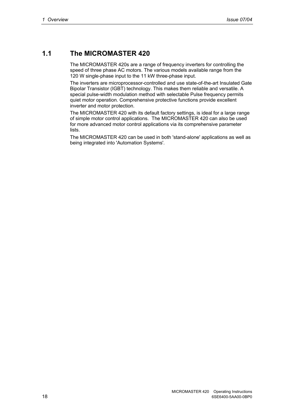 1 the micromaster 420 | Siemens MICROMASTER 420 User Manual | Page 18 / 190