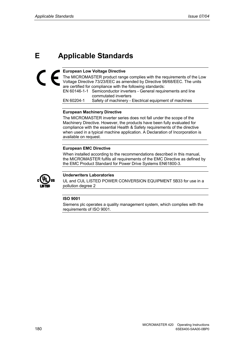 E applicable standards | Siemens MICROMASTER 420 User Manual | Page 180 / 190