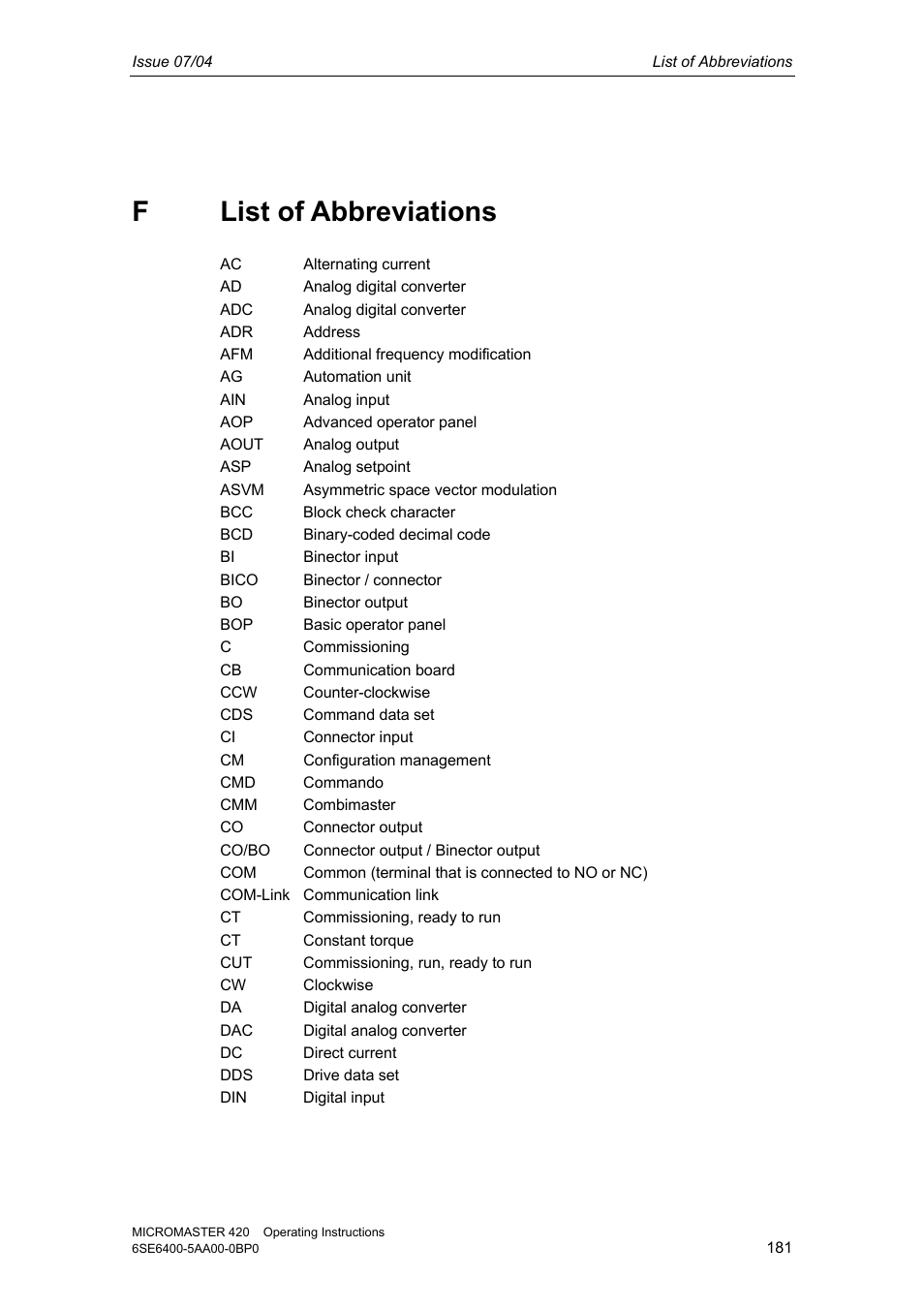 F list of abbreviations | Siemens MICROMASTER 420 User Manual | Page 181 / 190