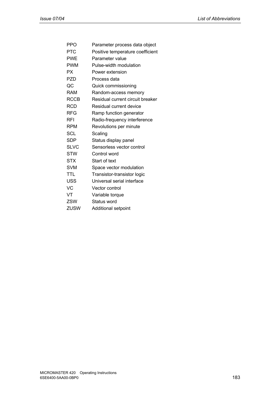 Siemens MICROMASTER 420 User Manual | Page 183 / 190