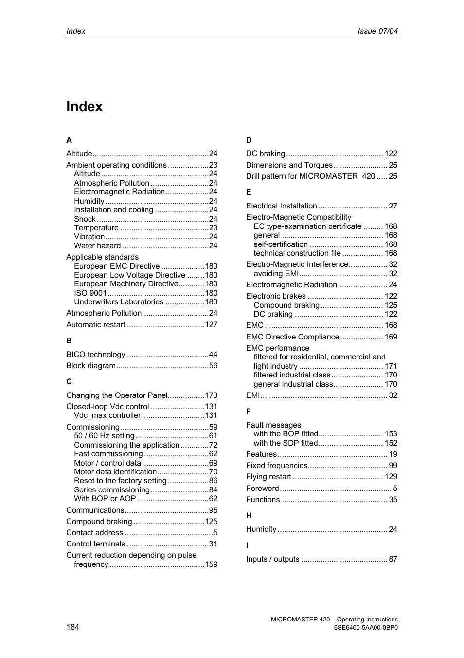 Index | Siemens MICROMASTER 420 User Manual | Page 184 / 190