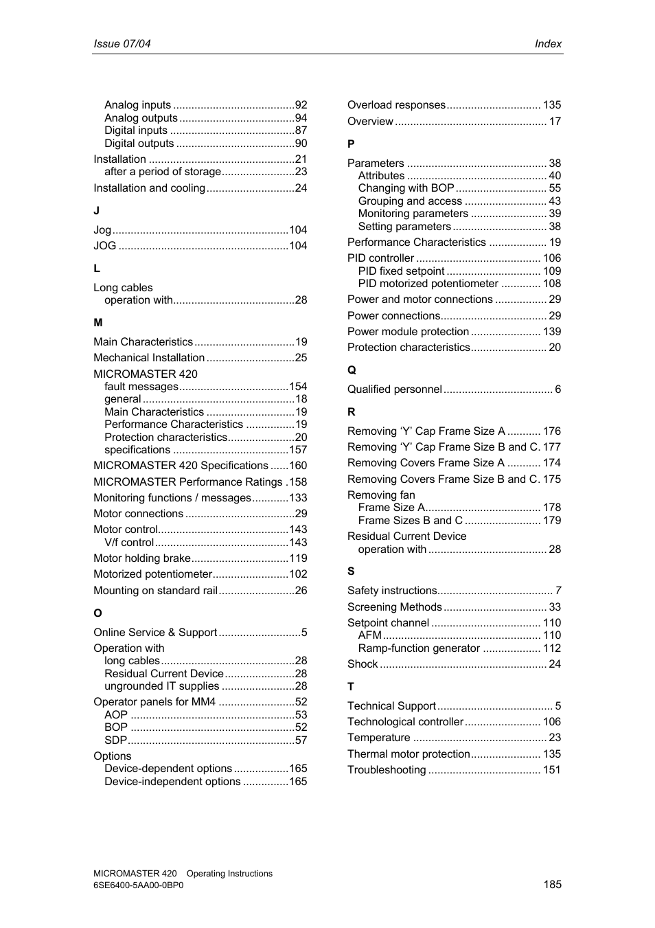 Siemens MICROMASTER 420 User Manual | Page 185 / 190