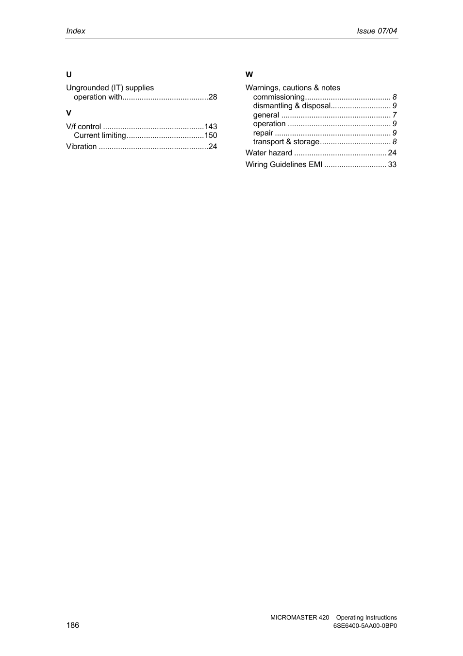 Siemens MICROMASTER 420 User Manual | Page 186 / 190