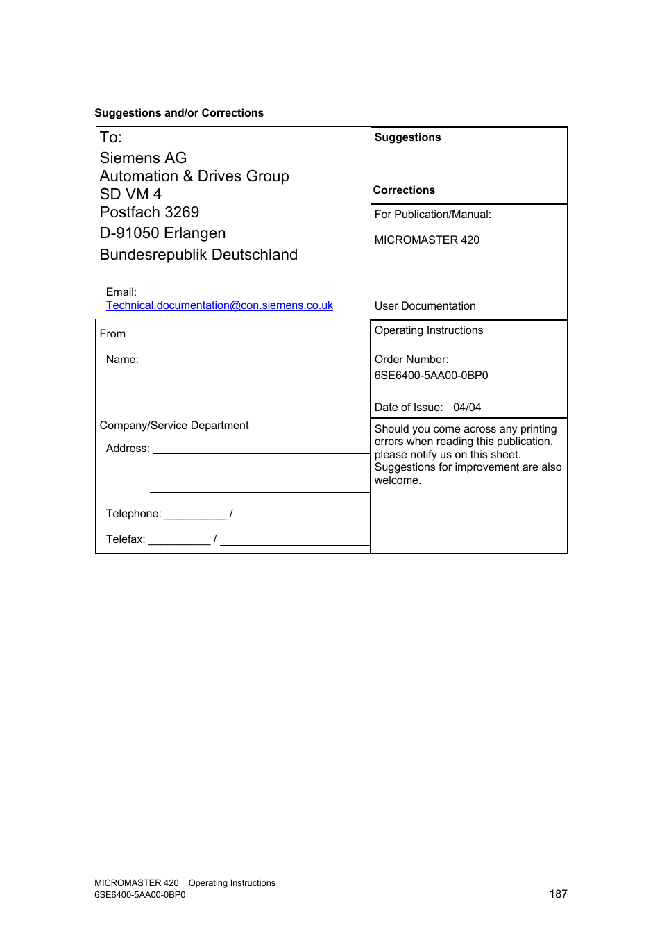 Siemens MICROMASTER 420 User Manual | Page 187 / 190