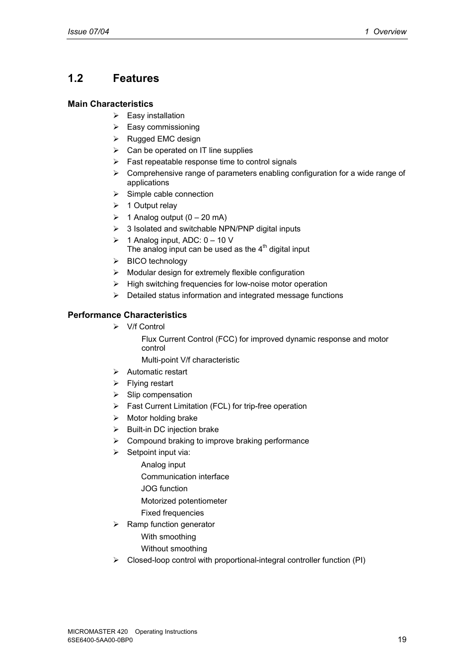 2 features | Siemens MICROMASTER 420 User Manual | Page 19 / 190