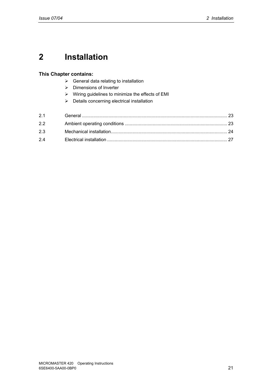 2 installation | Siemens MICROMASTER 420 User Manual | Page 21 / 190