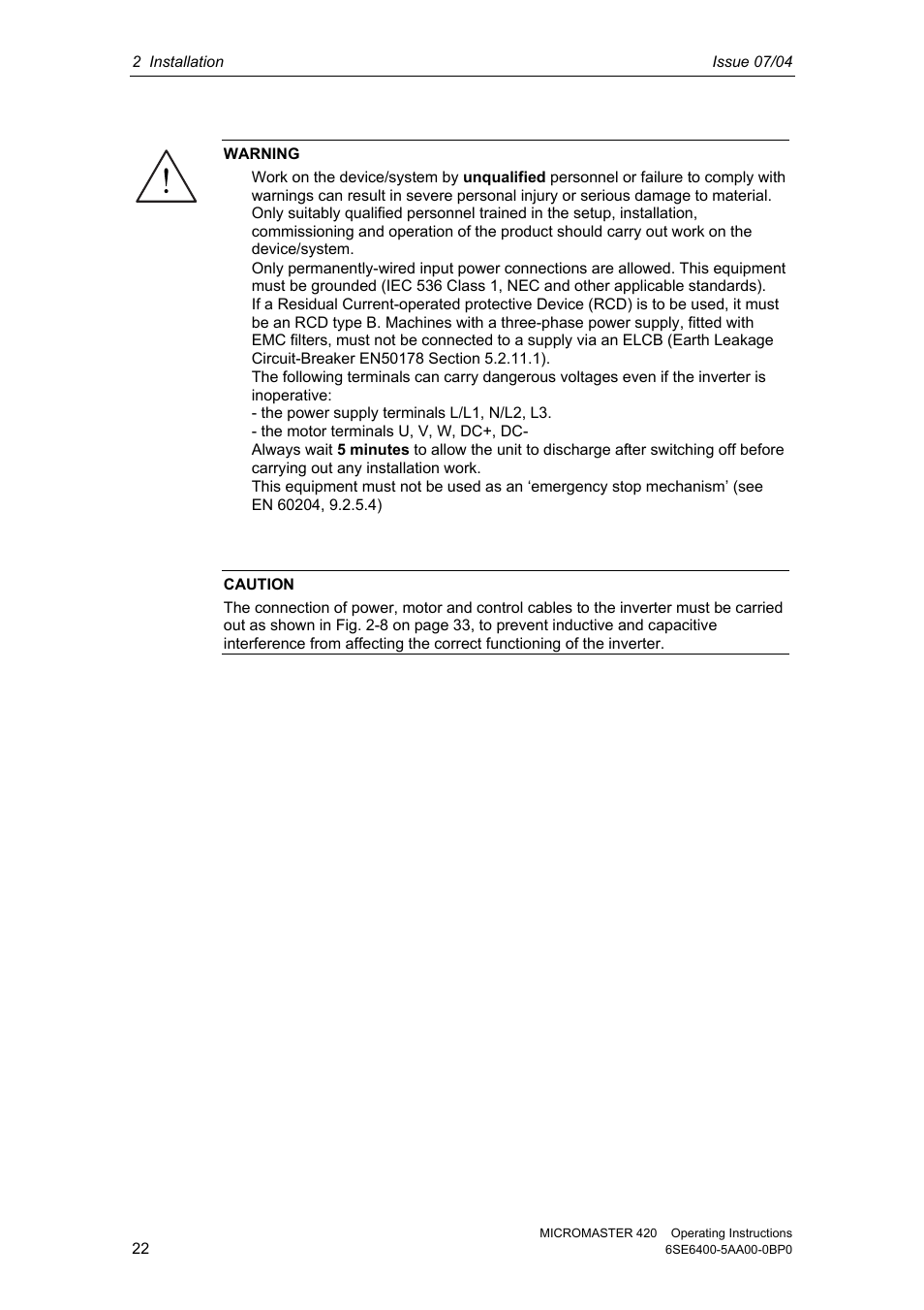 Siemens MICROMASTER 420 User Manual | Page 22 / 190