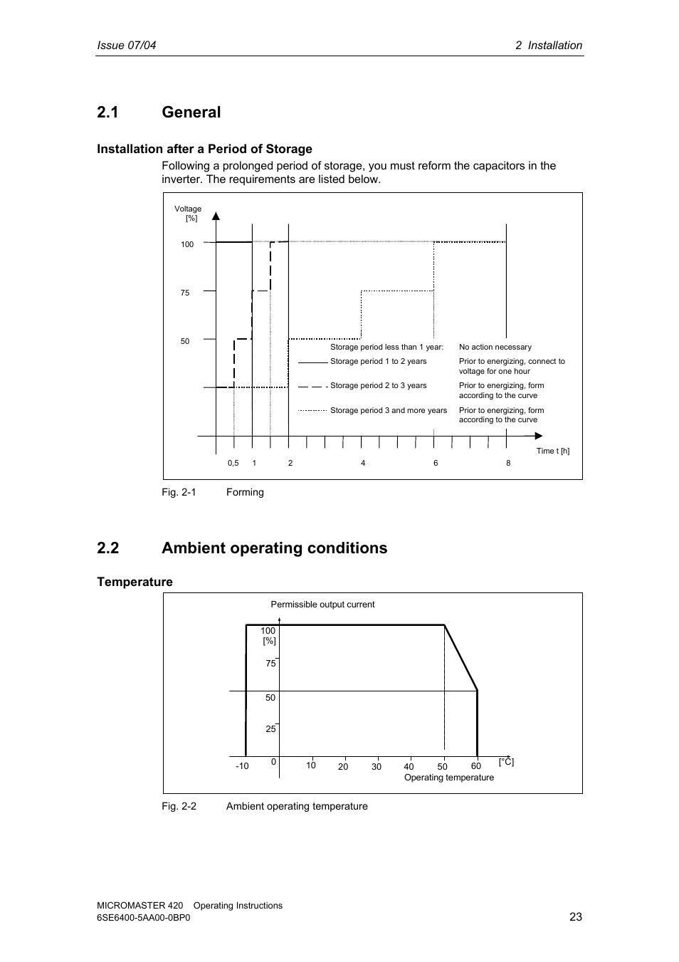 1 general, 2 ambient operating conditions, Installation after a period of storage | Temperature | Siemens MICROMASTER 420 User Manual | Page 23 / 190
