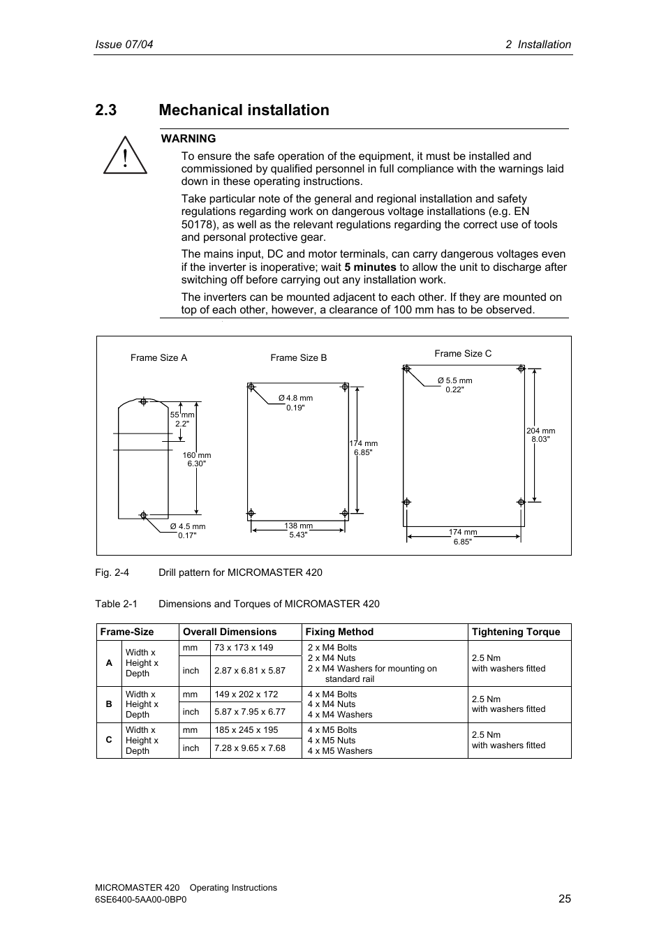 3 mechanical installation | Siemens MICROMASTER 420 User Manual | Page 25 / 190